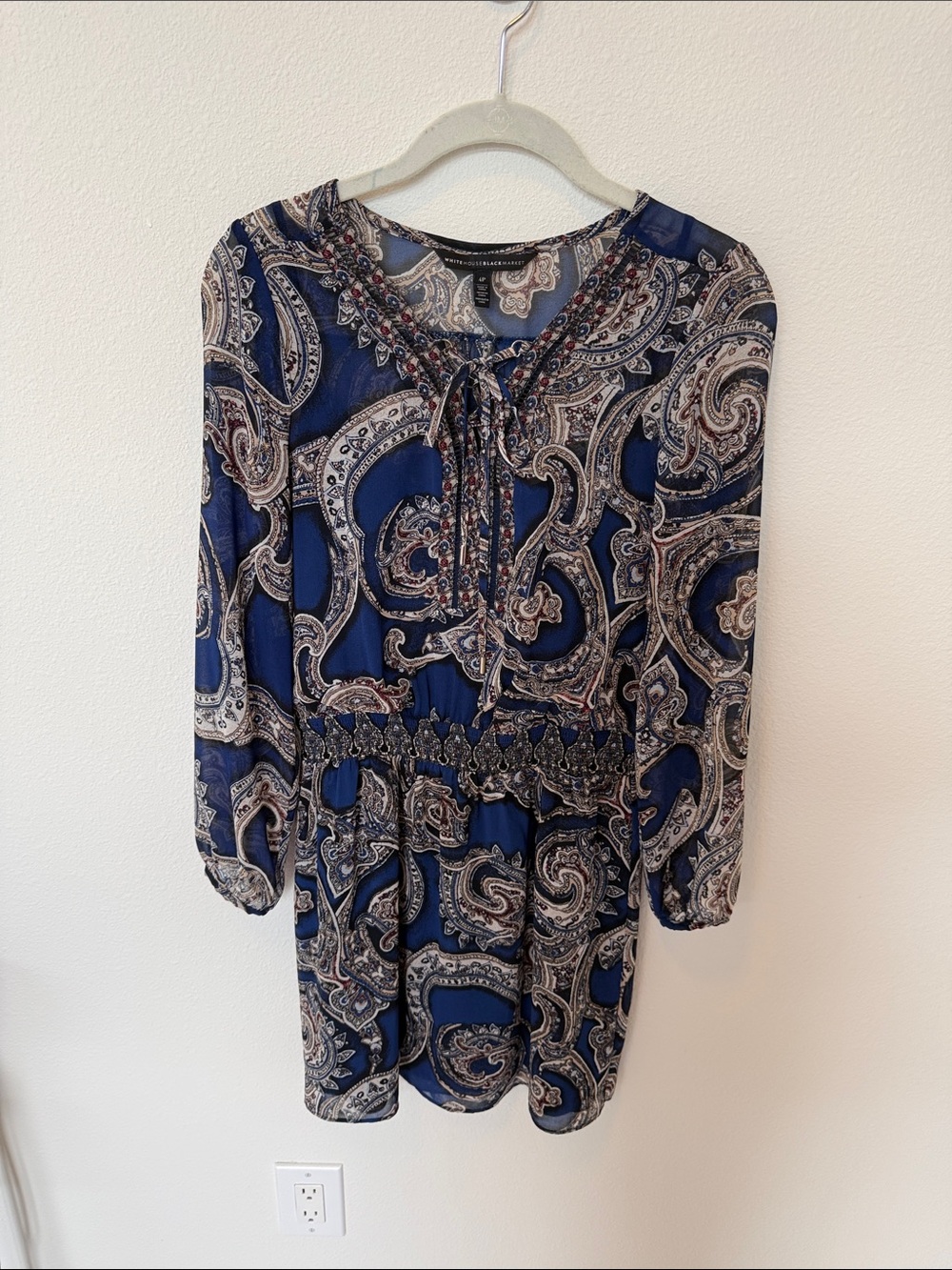 White House Black Market Navy Paisley Tie-Neck Long Sleeve Dress